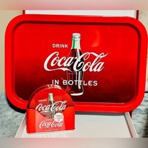 Coca Cola Retro Tin Box Company Serving Tray & Matching Coaster Set
